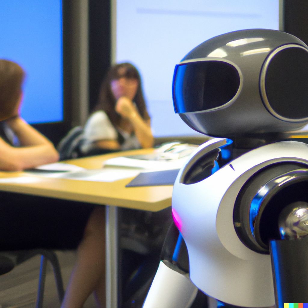 Dall·e 2023 04 27 12.26.51 A Chatgpt Robot In Front Of A Training Class Adults In A Futuristic Look 1