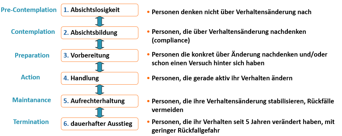 Stadienmodell Ausschnitt Die Grafik stellt die 6 Stufen des transtheoretischen Models dar.
