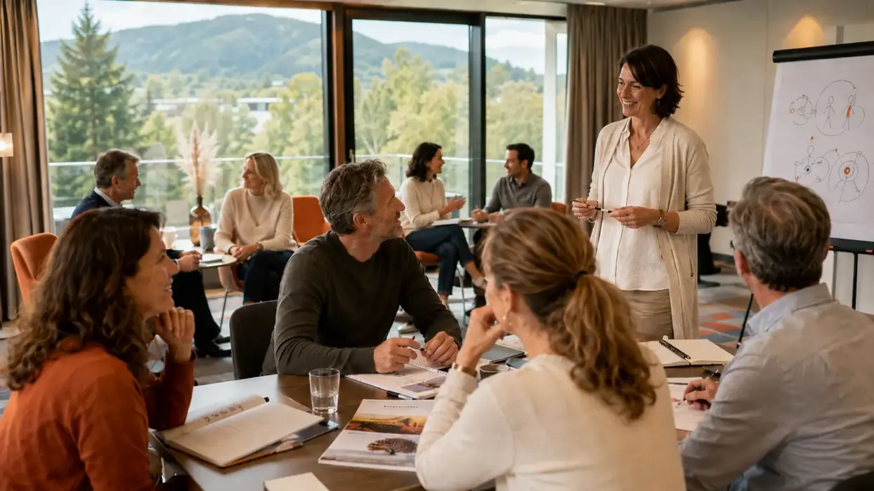 KI-generierte Seminargruppe bei einer Resilienz-Coaching-Masterclass mit Seminarleiterin in einem hellen Workshopraum mit Blick ins Grüne.